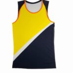 A vibrant athletic tank top featuring a dynamic design with yellow, navy, and white colors, perfect for workouts and outdoor activities.